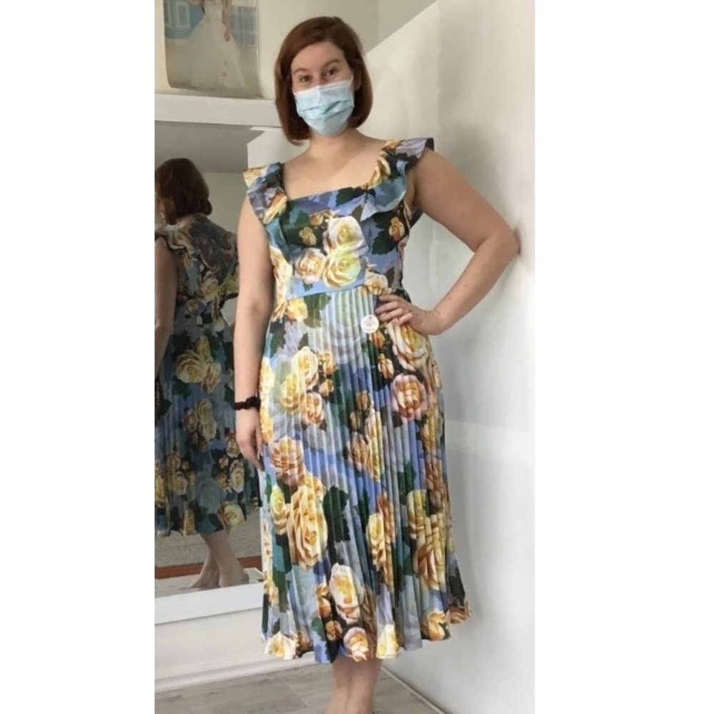 Blue Floral Satin Pleated Dress